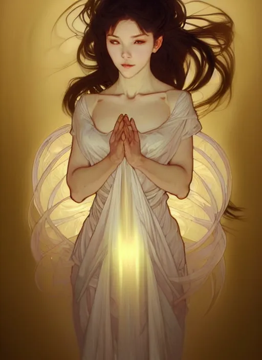 Prompt: digital character concept art by artgerm and greg rutkowski and alphonse mucha. clear portrait of a young wife blessed by god to uncontrollably become overwhelmingly perfect!! asian, fully clothed!!!, super feminine holy body!! light effect. hyper detailed, glowing lights!! intricate, elegant, digital painting, artstation, smooth, sharp focus