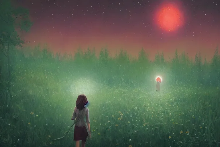 Image similar to giant daisy flower above head, girl walking in forest, surreal photography, dark night, stars, moon light, impressionist painting, clouds, digital painting, artstation, simon stalenhag