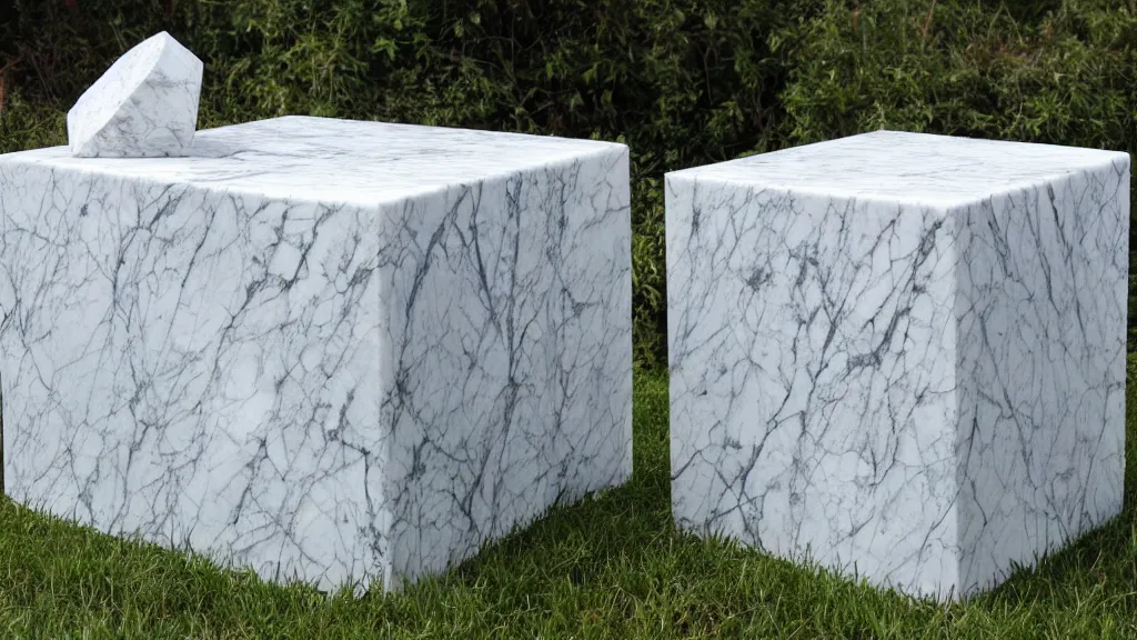 Prompt: marble sculpture cubical pinafore cube ( s ) in nature
