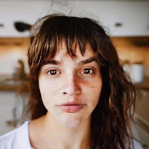 Image similar to a candid portrait of a brunette female, young, athletic, australian, pixellated face, wearing a gold tshirt in a kitchen, closeup