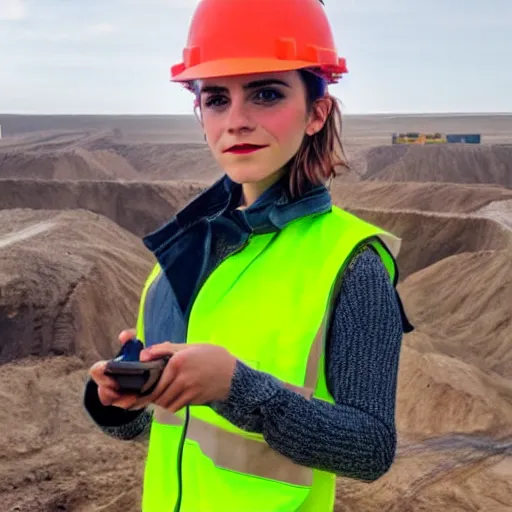 Image similar to photo, close up, emma watson in a hi vis vest, in dusty open pit mine, android cameraphone, 2 6 mm,