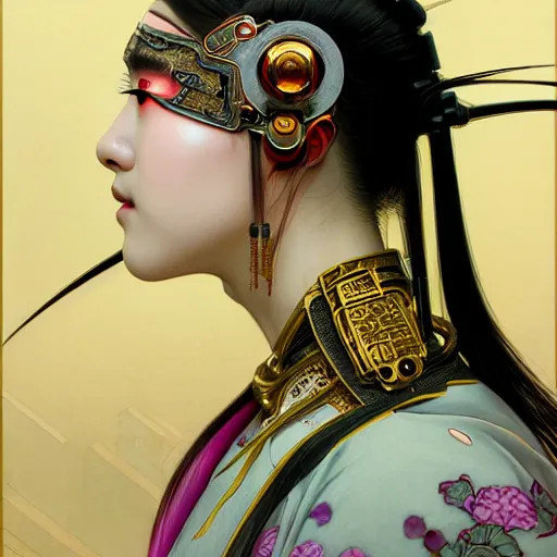 Image similar to a portrait of a female cyberpunk machine, machine face, upper half portrait, decorated with chinese opera motifs, asian, fine china, wuxia, traditional chinese art, intricate, elegant, highly detailed, symmetry, headpiece, digital painting, artstation concept art smooth sharp focus, illustration, art by artgerm and greg rutkowski alphonse mucha 8 k