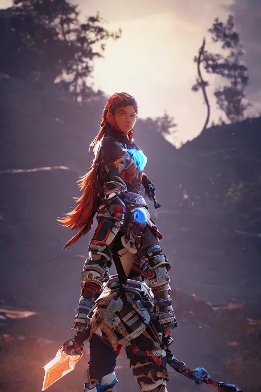 Image similar to combination suit armor aloy horizon forbidden west horizon zero dawn robot ninja mask helmet backpack tribal, aesthetic octane render, 8 k hd resolution, by ilya kuvshinov and cushart krentz and gilleard james radiating a glowing aura cgi rtx 2 0 2 2