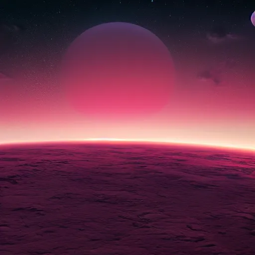 Image similar to A realistic red alien landscape with a purple ocean, green sky, clouds, and two moons, trending on artstation, 4k, 8k, photorealistic imagery, landscape imagery.