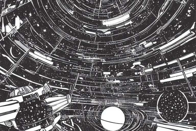 Prompt: Soviet infinite megastructure space by Tsutomu Nihei