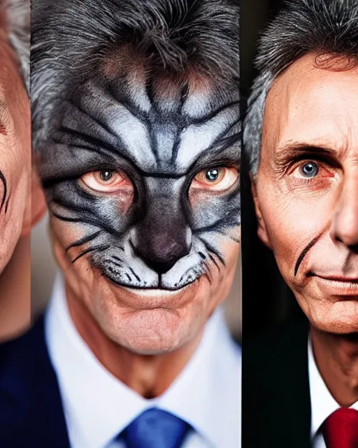 Prompt: Mauricio Macri in Elaborate Cat Man Makeup and prosthetics designed by Rick Baker, Hyperreal, Head Shots Photographed in the Style of Annie Leibovitz, Studio Lighting