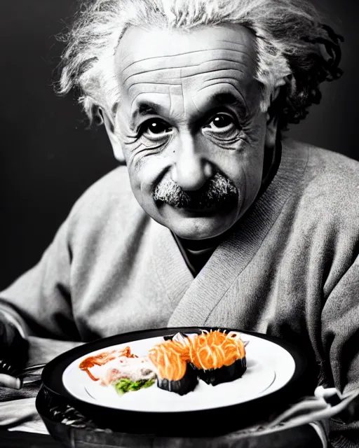 Prompt: a portrait of albert einstein sitting at the dining table with a plate containing sushi in front of him, highly detailed, trending on artstation, bokeh, 9 0 mm, f / 1. 4