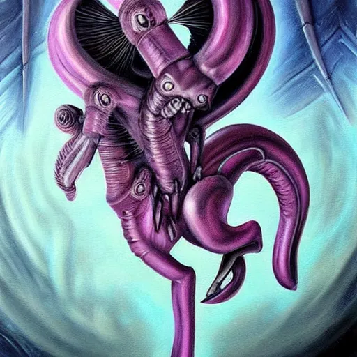 Image similar to detailed realistic painting of a my little pony that looks like a xenomorph, cute, in the style of h r giger and wayne barlowe