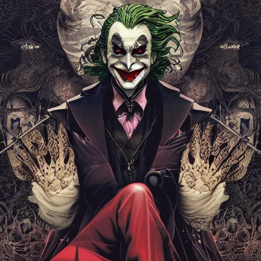 Image similar to portrait of joker, symmetrical, by yoichi hatakenaka, masamune shirow, josan gonzales and dan mumford, ayami kojima, takato yamamoto, barclay shaw, karol bak, yukito kishiro