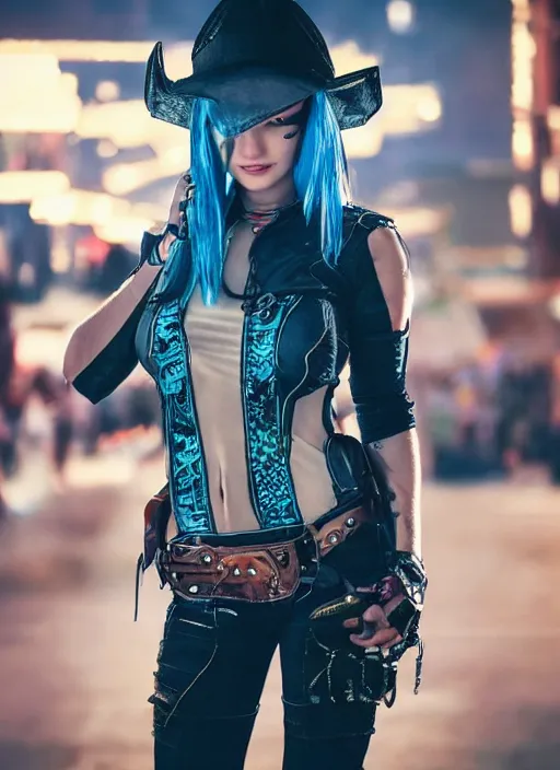 Image similar to full body photograph of a cyberpunk cowgirl beautiful face, intricate clothing, cinematic