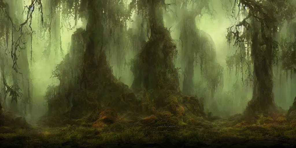 Prompt: beautiful matte painting of a fantasy dark forest