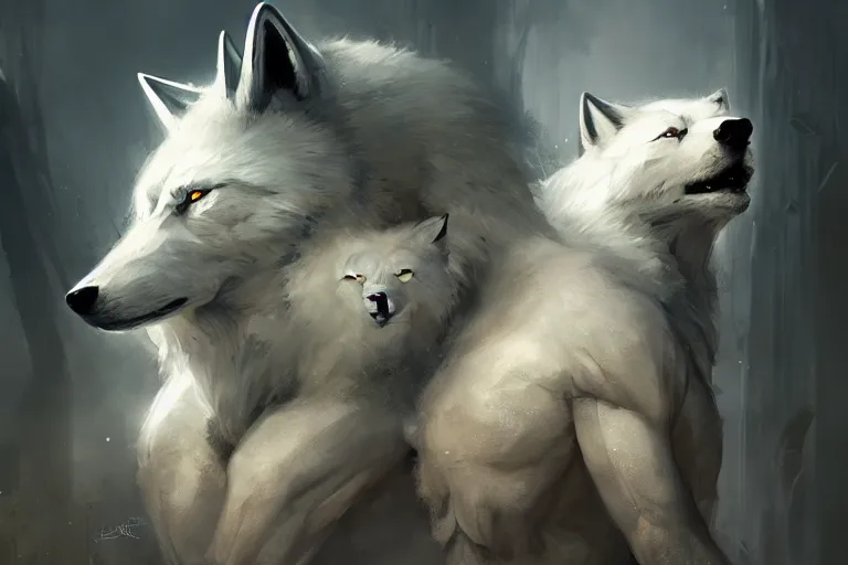 Image similar to white wolves painted by Bastien Lecouffe-Deharme and Cedric Peyravernay, trending on artstation, Frank Frazetta, 4k, 8k, HD