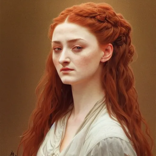 Image similar to portrait of an angry sansa stark telling people to stop making ai paintings of her, intricate, elegant, highly detailed, digital painting, artstation, concept art, smooth, sharp focus, illustration, art by artgerm and greg rutkowski and alphonse mucha and william - adolphe bouguereau