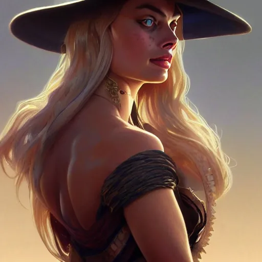 Prompt: Margot Robbie, western, closeup, D&D, fantasy, intricate, elegant, highly detailed, digital painting, artstation, concept art, matte, sharp focus, illustration, art by Artgerm and Greg Rutkowski and Alphonse Mucha