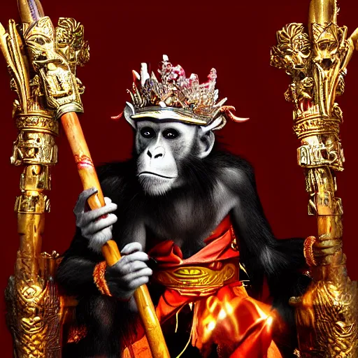 Image similar to monkey king godly lord of monkeys, wearing a crown, holding a staff, sitting in throne, dark lighting, dim lightning, red eyes, gothic dark style 8 k render high detail