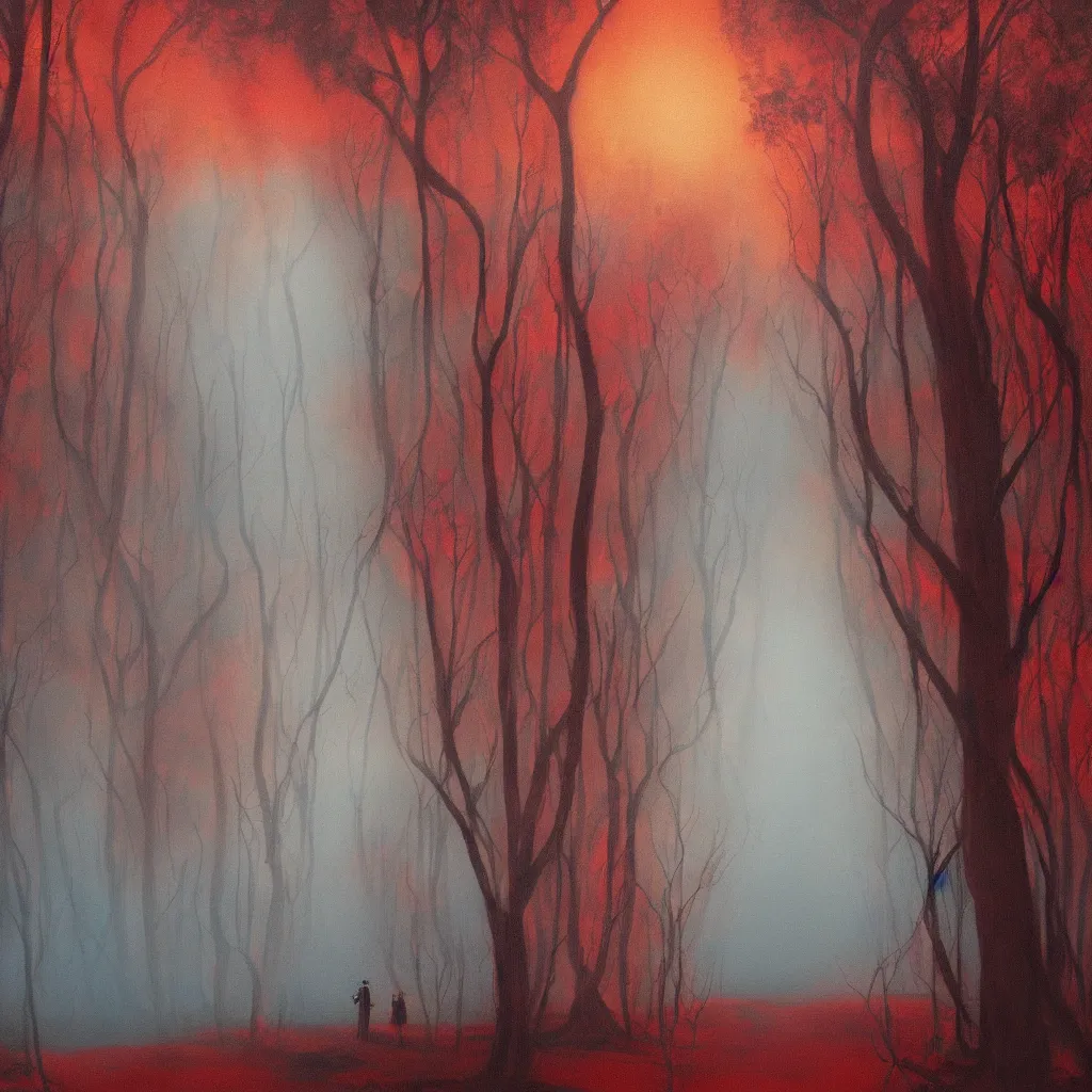 Prompt: semi real, and semi surreal. it's like a blend of a dream and a flawed memory. it's a forest under a red sun. a god sits under a tree, watching over a mystical body of water. the back of the canvas has a red glow from a fire set in the isle.