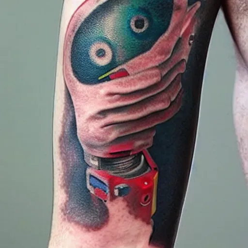 Prompt: arm tattoo of a hole in the skin with multicolored robotic mechanics inside under the skin, insanely integrate, 3 d