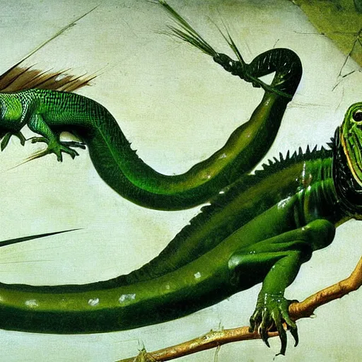 Image similar to majestic painting of a green basilisk by Michelangelo Merisi da Caravaggio