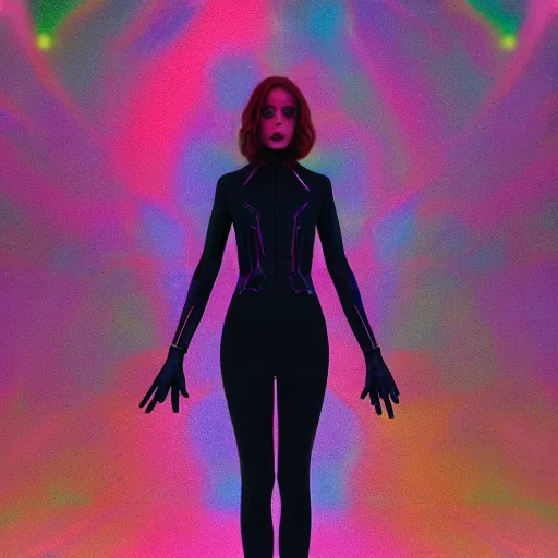 Image similar to long Shot of psychedelic Black widow standing in mysterious chromatic astral temple , stylish, lsd, soft, vsco, cinematic, artwork by WLOP