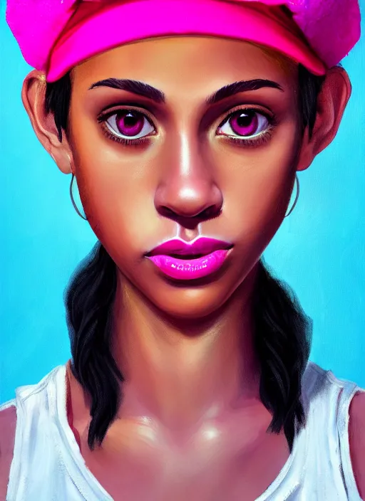 Image similar to portrait of teenage vanessa morgan with bright pink hair, black girl, curly pixie cut hair, wearing newsboy cap, pink short haircut, newsboy cap, hoop earrings, blue eyes, intricate, elegant, glowing lights, highly detailed, digital painting, artstation, concept art, smooth, sharp focus, illustration, art by wlop, mars ravelo and greg rutkowski