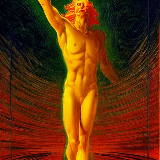 Image similar to Prometheus bringing nuclear power to the earth, in the style of a Jean Delville painting, expressive