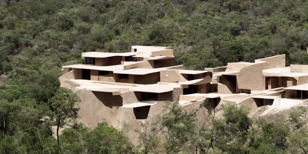 Image similar to rammed earth palace atop a jungle hill