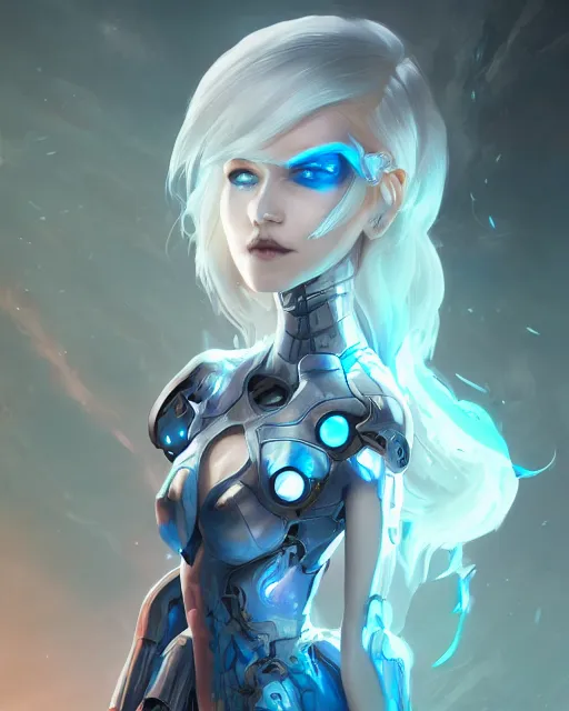 Image similar to holy cyborg necromancer girl, elegant, scifi, futuristic, utopia, garden, illustration, atmosphere, top lighting, blue eyes, white hair, focused, artstation, highly detailed, art by yuhong ding and chengwei pan and serafleur and ina wong