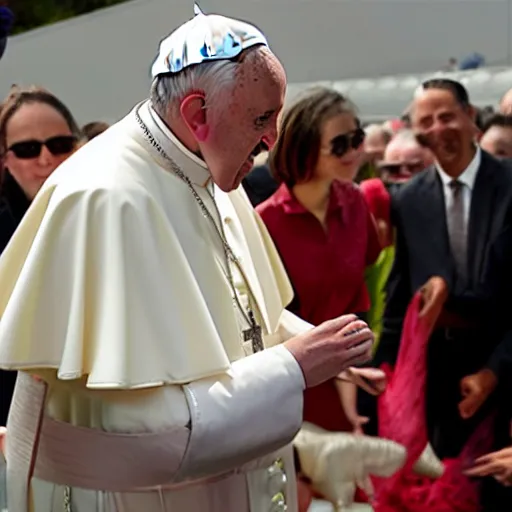 Prompt: pope Francis visits a dinosaur zoo and looks at a trex