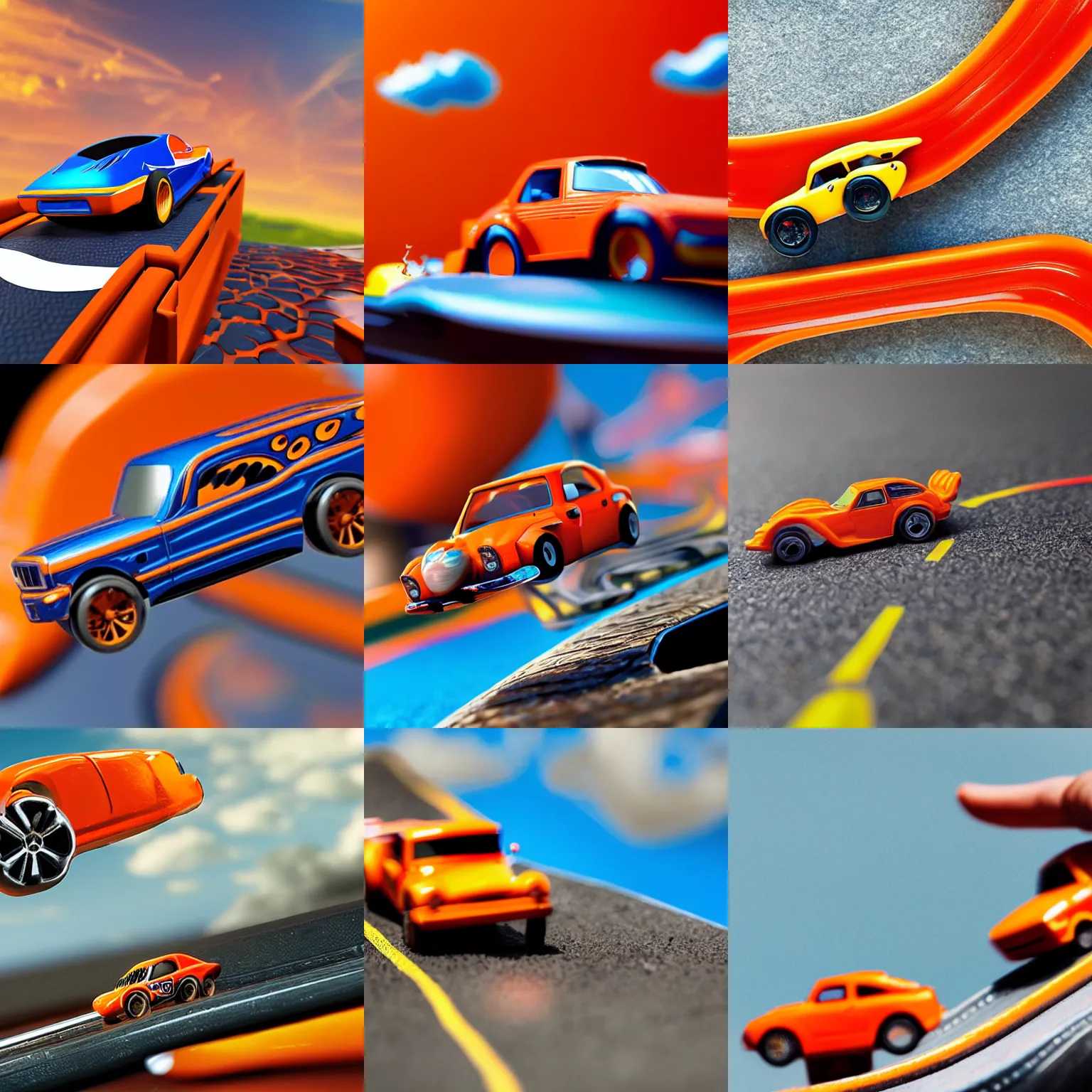 Prompt: a hot wheels car flying off an orange hot wheels track in to the sky, low point of view, photorealistic