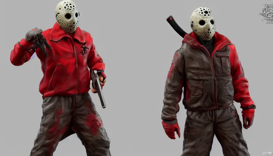 Prompt: hand painted figurine of jason voorhees in red clothes, hyperdetailed, artstation, cgsociety, 8 k