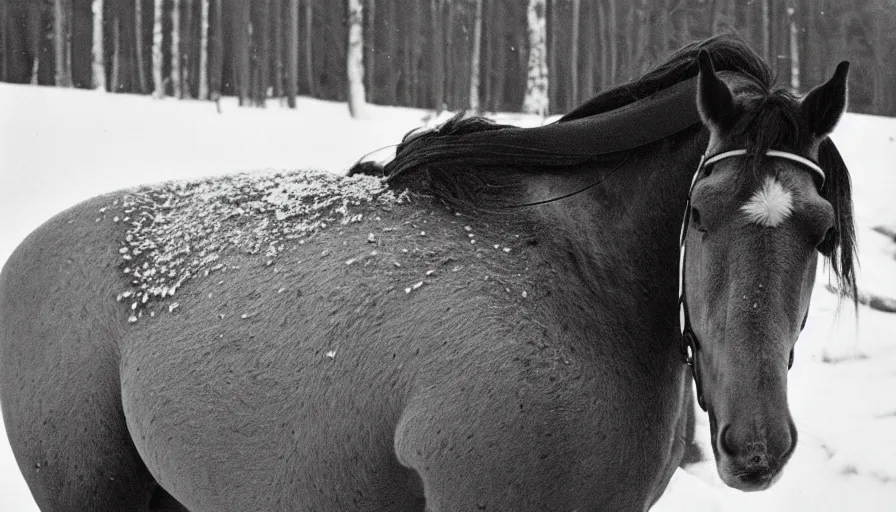 Prompt: 1 9 6 0 s movie still close up of marcus aurelius + horse frozen to death under the snow by the side of a river with gravel, pine forests, cinestill 8 0 0 t 3 5 mm b & w, high quality, heavy grain, high detail, texture, dramatic light, anamorphic, hyperrealistic, detailed hair, foggy