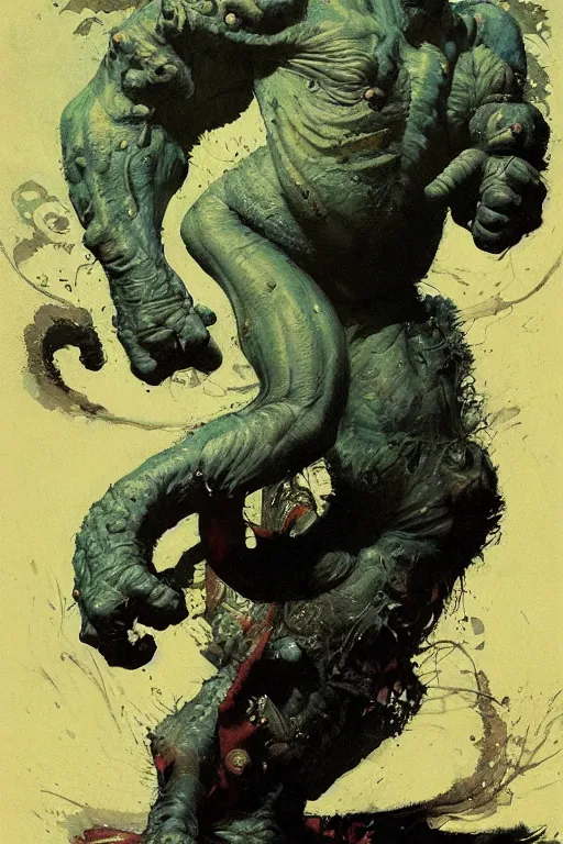 Image similar to full body portrait of huge slimy hairless bipedal ogre, by norman rockwell, jack kirby, jon berkey, earle bergey, craig mullins, ruan jia, jeremy mann, tom lovell, marvel, astounding stories, 5 0 s pulp illustration, scifi, fantasy, artstation creature concept