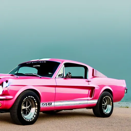 Image similar to long shot of 1967 Ford mustang Shelby GT500 in pink color at sunset in front a beach, 8k, amazing reflection of the sun on the car, UHD Photography