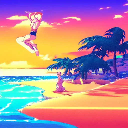 Image similar to girl laying in the sand next to ocean in sunset, sprite, vaporwave nostalgia, visual novel cg, 8 0 s anime vibe, kimagure orange road, yu - no, initial d, drawn by by commodore 6 4, wallpaper, ultra hd, vlc screenshot