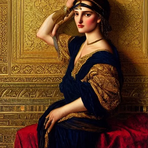 Prompt: beautiful_golden_portrait_of_a_Natalie_Portman_a s_Grand Odalisque_intricate_oil_paintingby Jo hn_William_Godward_by_Anna_Dittman_by J-H 768-C9.0