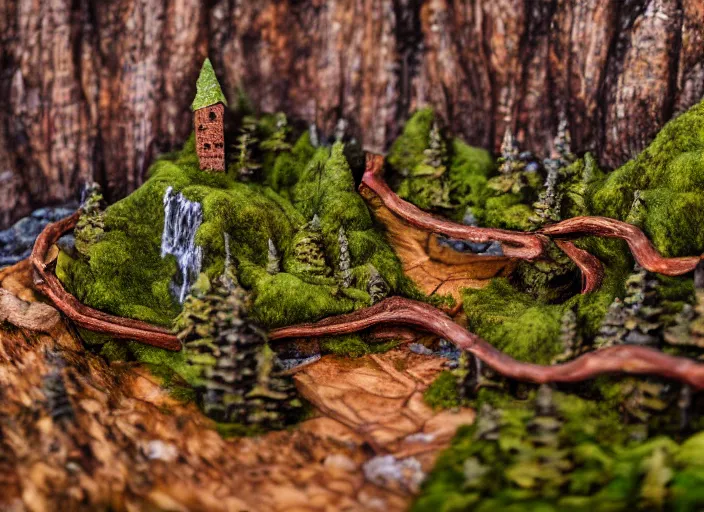 Prompt: high - res photograph of a wood sculpture diorama with fantasy castles, highly detailed sculpey diorama, forest setting in iceland, waterfall backdrop, realistic materials, wood, felt, cloth, burlap, copper wire, hot glue, smooth, sharp foccus, commercial product photography,