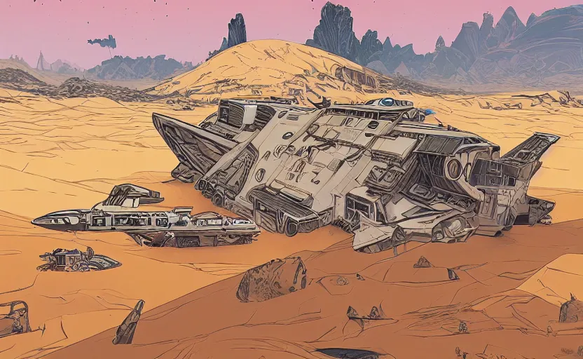 Image similar to very detailed, ilya kuvshinov, mcbess, rutkowski, simon roy, illustration of a giant crashed space ship on a desert planet, wide shot