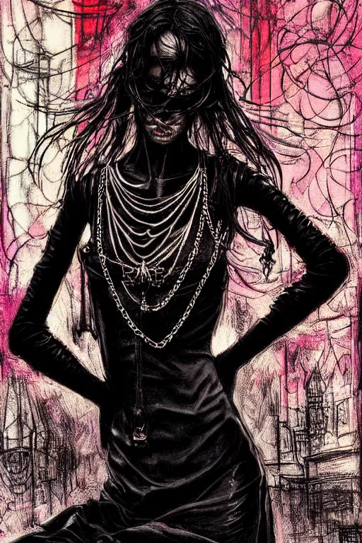 Image similar to dreamy gothic girl, black leather slim clothes, chains, colorful rings, beautiful body, detailed acrylic, grunge, intricate complexity, by dan mumford and by alberto giacometti, peter lindbergh