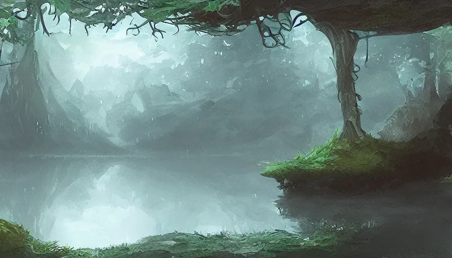 Image similar to sword stuck in a pond island, rainy enchanted forest of the ancients, moody high exposure, digital painting, concept art, photoshop speedpaint