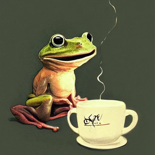 Image similar to soulful long shot of a very cute frog baby sitting in a coffee cup, by esao andrews, by m. w. kaluta, very humorous illustration, small depth of field, perspective perception, volumetric light, warm cosy colors, night scenery, low light, unreal engine 5, 8 k, conceptart, hyperdetailed, hyperrealistic, trending on artstation