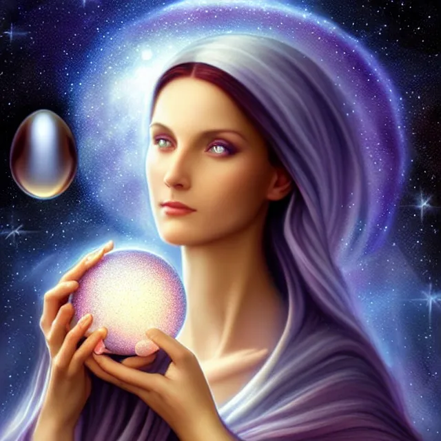 Image similar to beautiful!! mystic with a crystal ball that has a galaxy inside artgerm anne stokes highly detailed 8 k hdr smooth sharp focus high resolution award - winning photo photorealistic