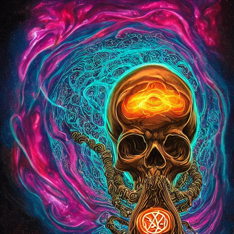 Image similar to a centered giant skull with intricate rune carvings and glowing eyes with thick lovecraftian tentacles emerging from a space nebula by dan mumford, symmetry, twirling smoke trail, a twisting vortex of dying galaxies, digital art, vivid colors, highly detailed