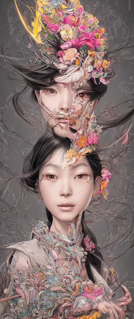 Prompt: the portrait of an absurdly beautiful, graceful, elegant, sophisticated, fashionable young asian girl with third eye, an ultrafine hyperdetailed illustration by kim jung gi, irakli nadar, intricate linework, bright colors, final fantasy, unreal engine 5 highly rendered, global illumination, radiant light, detailed and intricate environment
