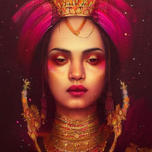 Image similar to portrait of a majestic asian indian queen of beauty, pink and gold, by Anato Finnstark, Tom Bagshaw, Brom