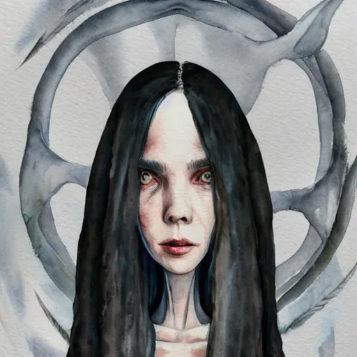 Prompt: full body detailed watercolor illustration of alien jennifer connelly mixed with anya taylor - joy, unsettling, hooded long black feathered cloak, uncanny valley, with black feathers instead of hair, gothic, tim burton, mike mignogna, gray mottled skin, space station - - ar 9 : 1 6