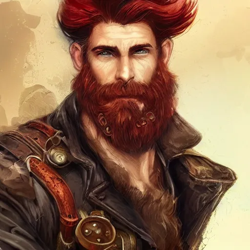 Image similar to rugged ship captain, male, handsome, flowing red hair, fantasy, detailed face, ruggedly handsome, intricate, elegant, highly detailed, piercing eyes, steampunk, digital painting, artstation, concept art, character art, smooth, sharp focus, illustration, art by artgerm