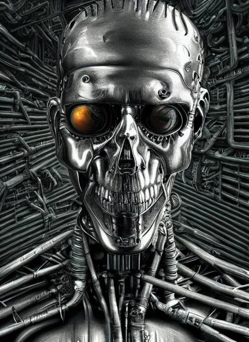 Image similar to portrait of terminator, by wayne barlow, stanley donwood, anton semenov, zdzislaw bekinski, hr giger, 8 k, sci fi, dark, highly detailed