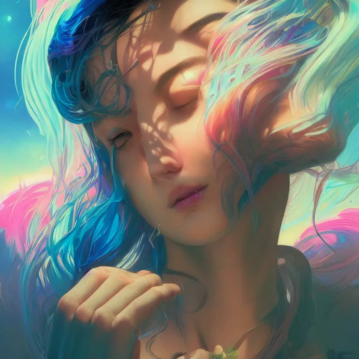 Image similar to young woman, gorgeous face, vaporwave aesthetic, synthwave, colorful, psychedelic, broken, shattered, beaten, sadness, crying, tears, artstation, concept art, smooth, extremely sharp detail, finely tuned detail, 8 k, ultra sharp focus, illustration, art by artgerm and greg rutkowski and alphonse mucha