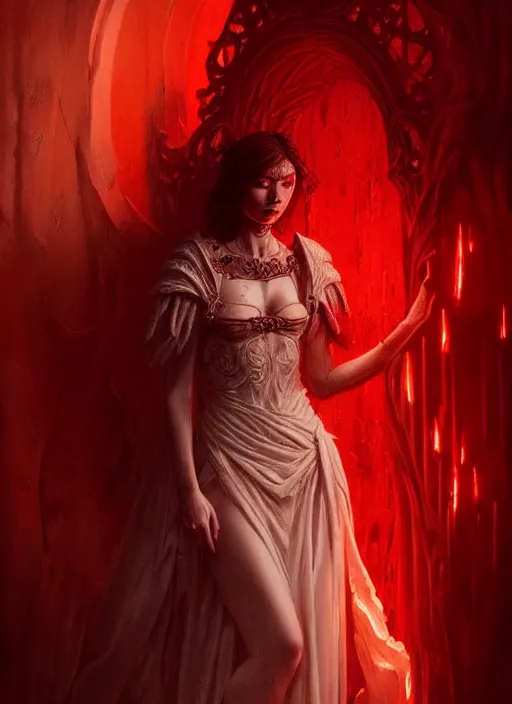 Prompt: portrait of a beautiful demon in a flowing dress made of blood, carving glowing bloody runes into a profane altar, intricate, elegant, highly detailed, digital painting, artstation, concept art, smooth, sharp focus, illustration, art by wlop, mars ravelo and greg rutkowski
