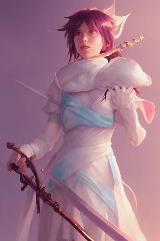 Prompt: portrait of a cute white mage girl with a staff in mage armor, soft, pink and blue, by tom bagshaw and atey ghailan and artgerm and and greg rutkowski, hyper realistic, octane render, trending on artstation